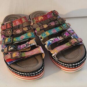 L'Artiste by Spring Step mules sz 36 multi color floral open toe leather GUC